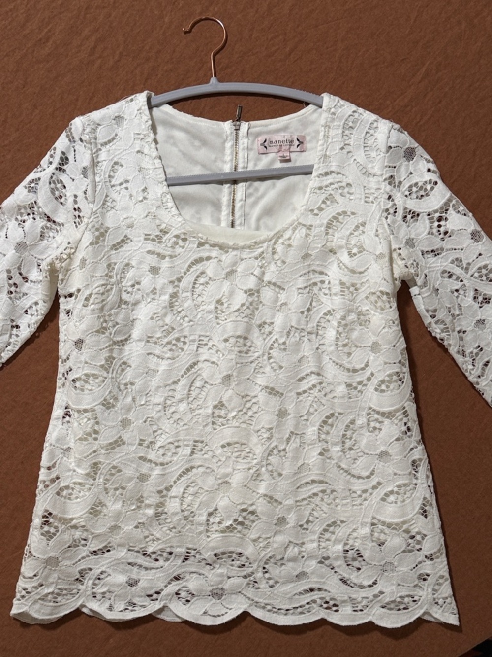 Nannette Lepore White Lace Scoop Neck 3/4 Sleeve Blouse